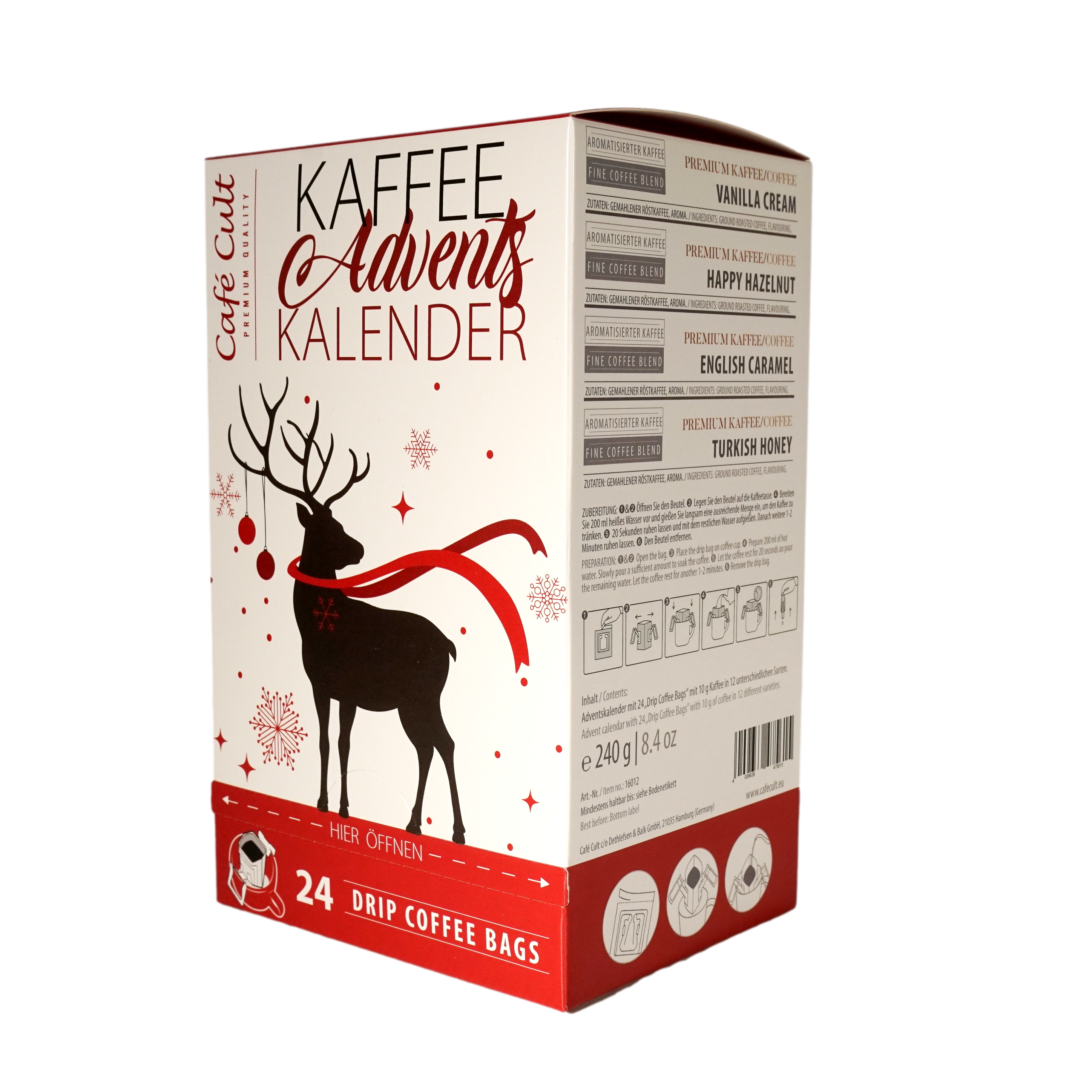 Kaffee-Adventskalender „Winter-Hirsch“ mit 24  Drip Coffee Bags einzeln im Sachet verpackt Format 124 x 100 x 200 mm -2-sprachig