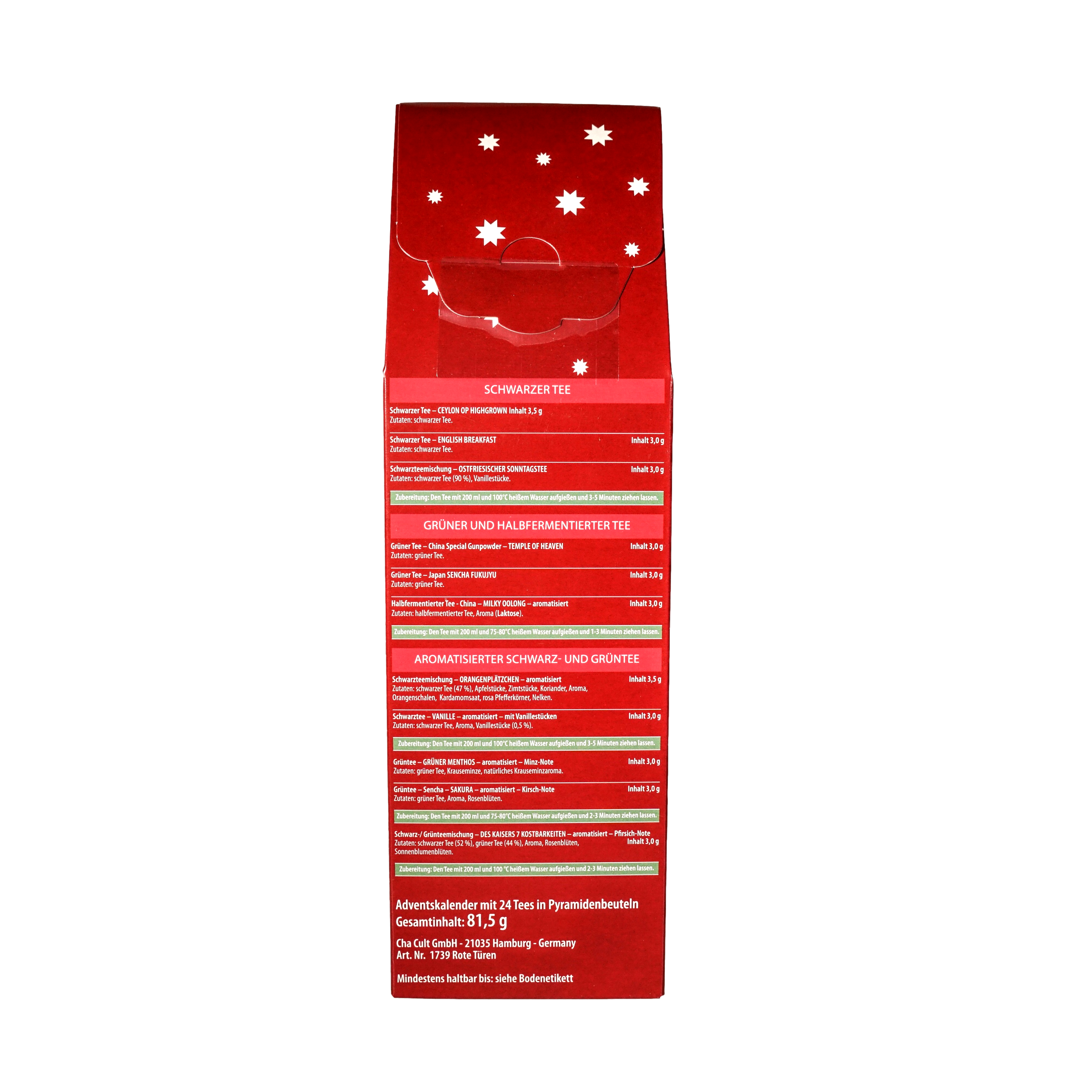 Tee-Adventskalender „Rote Türen“ mit 24 Pyramidenbeuteln einzeln im Sachet verpackt Format 92 x 92 x 305 mm