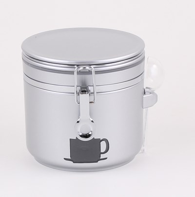 Dose "Antonio", 320 g, silber Kunststoff, rund, mit Aroma-Bügelverschluss mit Portionierlöffel und Sichtfenster H 12,5 cm, Ø 13 cm