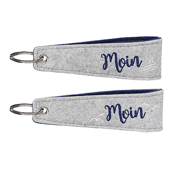Schlüsselanhänger, "Moin", Bootmotiv, Möwenmotiv, Schriftzug, Filz, hellgrau, 