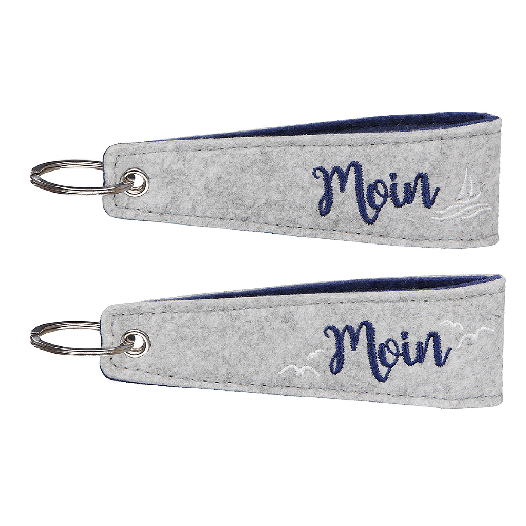 Schlüsselanhänger, "Moin", Bootmotiv, Möwenmotiv, Schriftzug, Filz, hellgrau, 