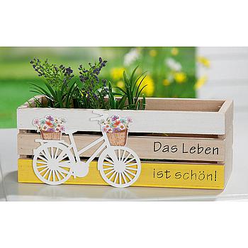 Pflanzkasten "Das Leben ist schön!" gelb/weiß/naturfarben, mit Blumenfahrrad