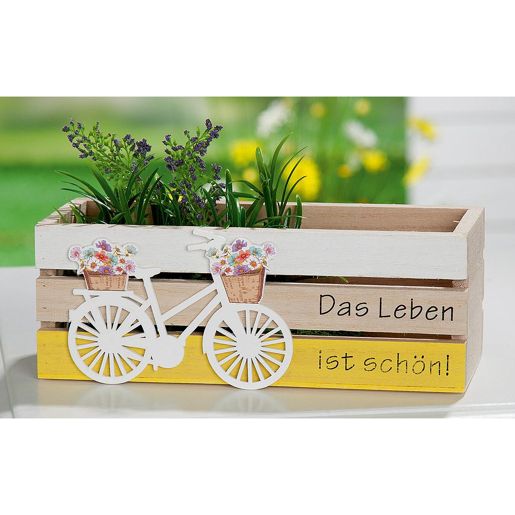 Pflanzkasten &quot;Das Leben ist schön!&quot; gelb/weiß/naturfarben, mit Blumenfahrrad