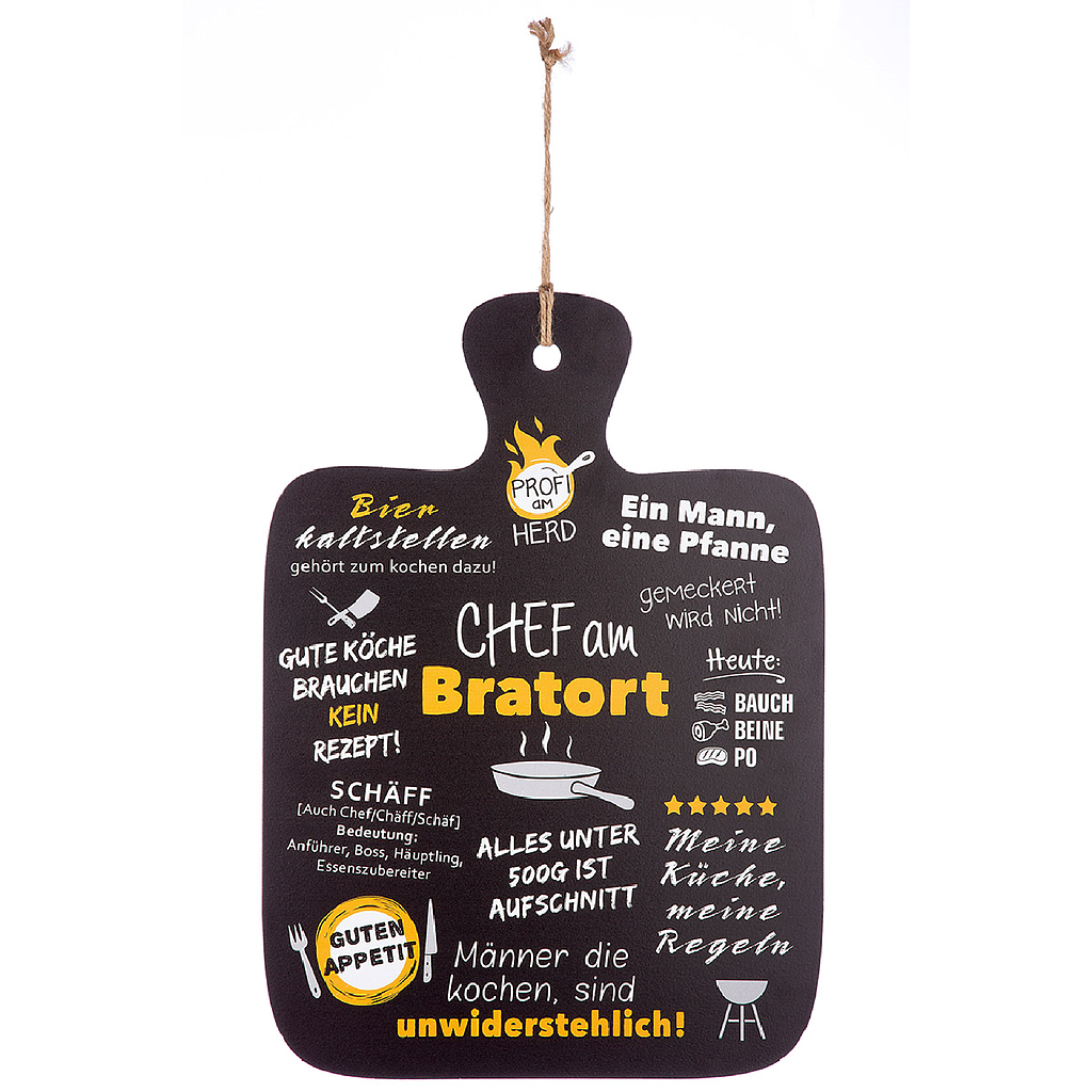Schild "Chef am Bratort" dunkelbraun/weiß/orange