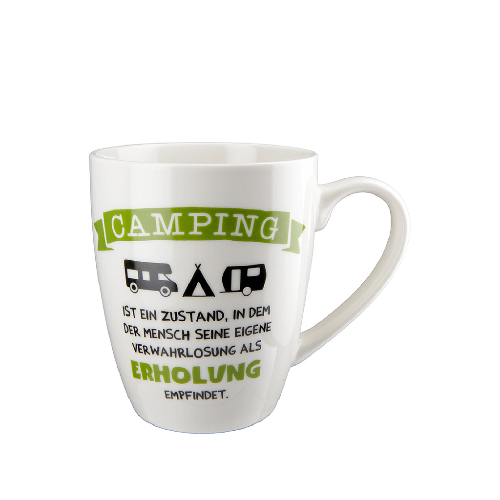 Tasse &quot;Camping&quot; grün/schwarz, aus Knochenporzellan &quot;Camping ist ein Zustand, in dem der Mensch seine eigene Verwahrlosung als Erholung empfindet.&quot; Füllmenge: ca. 360 ml
