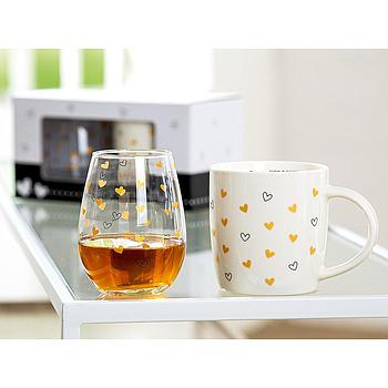 2er Set Glas & Tasse "Mein Herzchen" klar/weiß/schwarz/goldfarben, in Geschenkverpackung Tasse: H 9,3 x D 8,8 x B 12,5 cm / 350 ml Füllmenge,  Glas: H 10,5 x D 8 cm / 300 ml Füllmenge  Glas und Tasse sind spülmaschinengeeignet