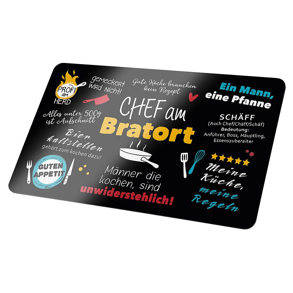 Brettchen, rechteckig, &quot;Chef am Bratort&quot;, Spruch, Resopal, schwarz, VE 6, L. 15 cm, B. 24 cm