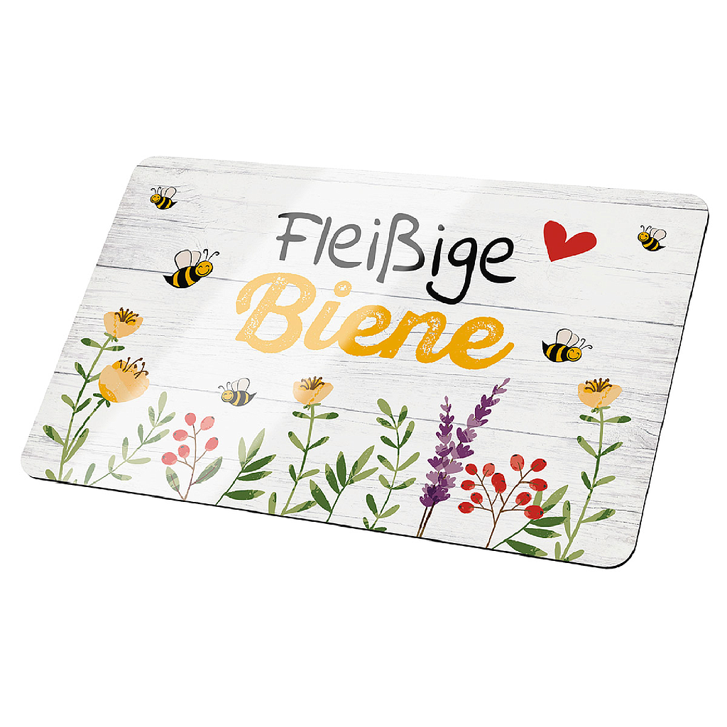 Brettchen, rechteckig, &quot;Fleißige Biene&quot;, Schriftzug, Blumenmuster, Resopal, grau, VE 6, L. 15 cm, B. 24 cm