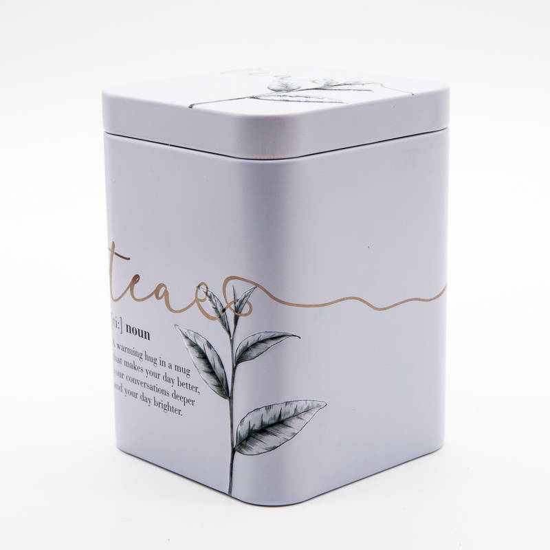 Dose "Iva", 100 g Weißblech, eckig, Stülpdeckel matt, geprägt 7,3 x 7,3 x 10 cm