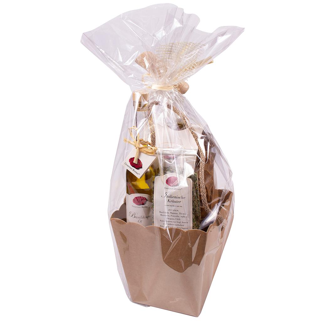 Geschenk Träger;  Inhalt; 0,1l Olivenöl Basilikum, 250g Tomate- Basilikum Bandnudeln, 40g Beutel ital. Kräuter, in Folie verpackt
