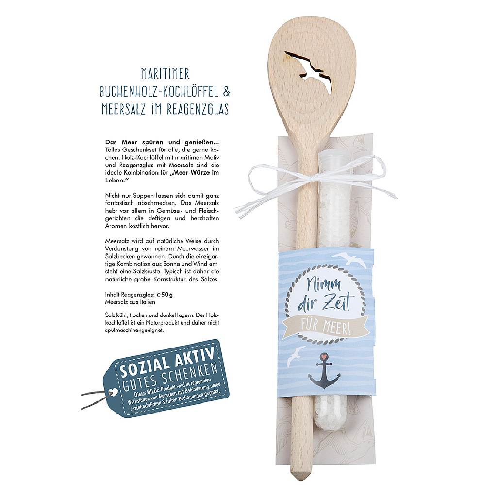 Kochlöffel, "Nimm dir Zeit für Meer!", Möwenmotiv, Holz, naturfarben, 