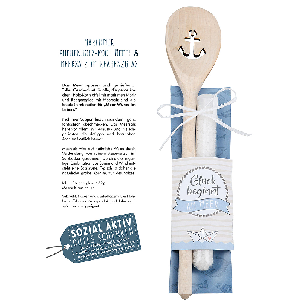 Kochlöffel, "Glück beginnt am Meer", Ankermotiv, Holz, naturfarben, 