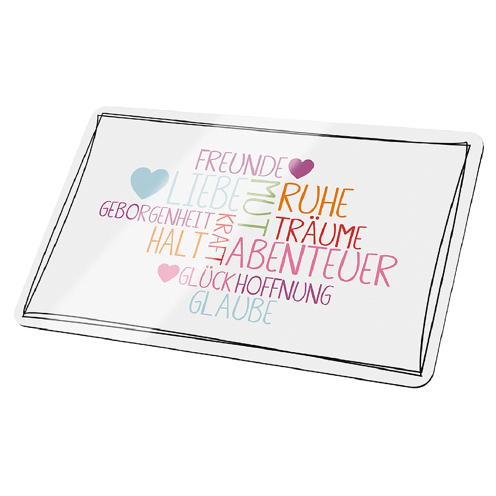 Brettchen, rechteckig, "Schlagworte", Spruch, Resopal, weiß, VE 6, L. 15 cm, B. 24 cm