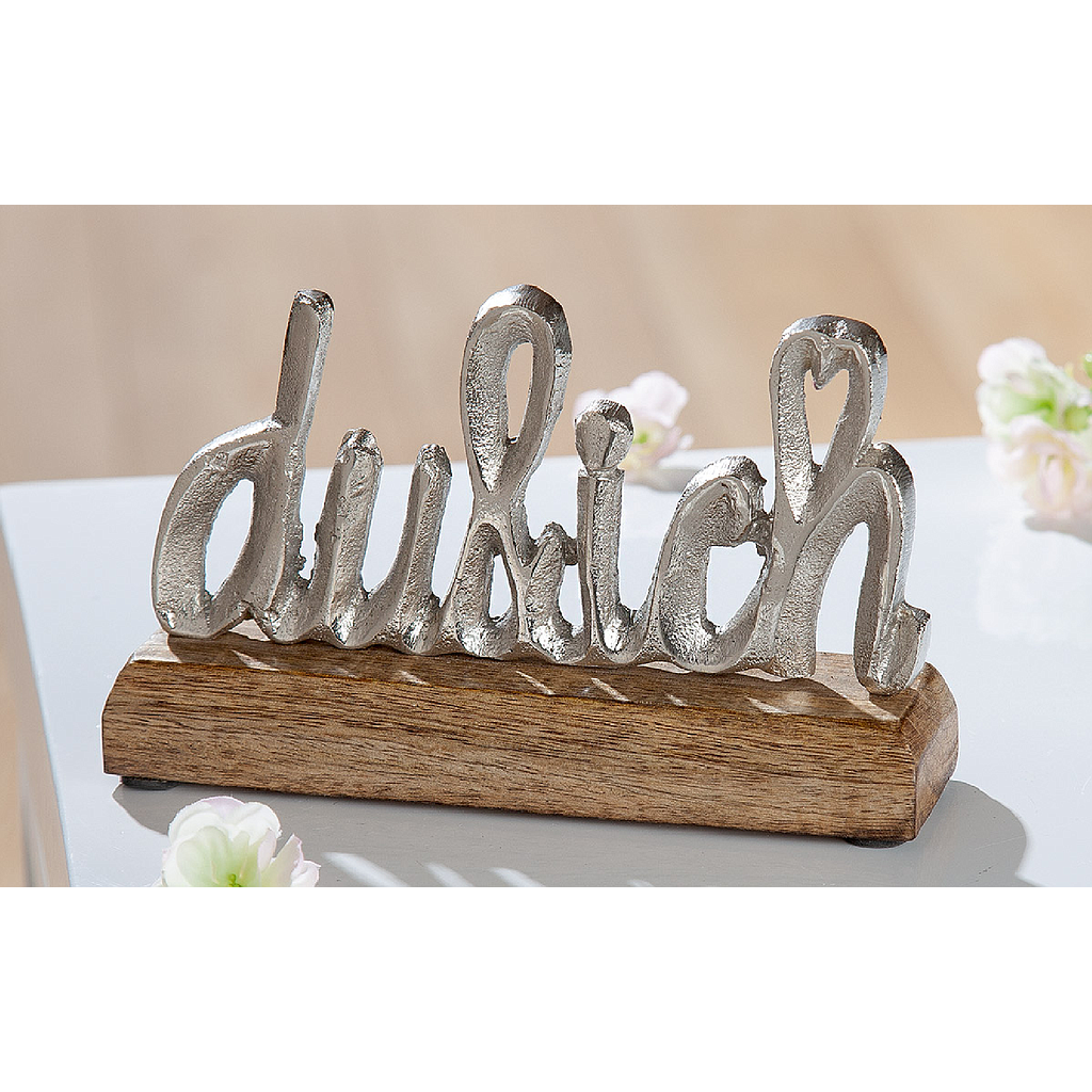 Schriftzug, "Du &amp; Ich", Schriftzug, Aluminium, Mangoholz, naturfarben, silberfarben, VE 12, L. 5,5 cm, B. 18 cm, H. 10,5 cm