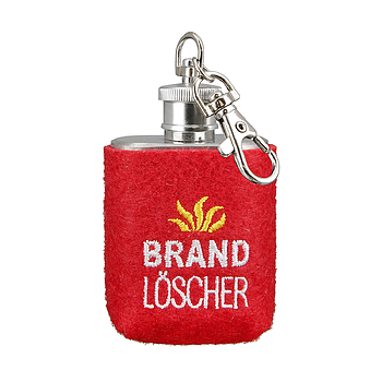 Schlüsselanhänger, Flachmann, "Brandlöscher", Flammenmotiv, Schriftzug, Edelstahl, Filz, rot, VE 6, L. 3 cm, B. 4,5 cm, H. 8 cm