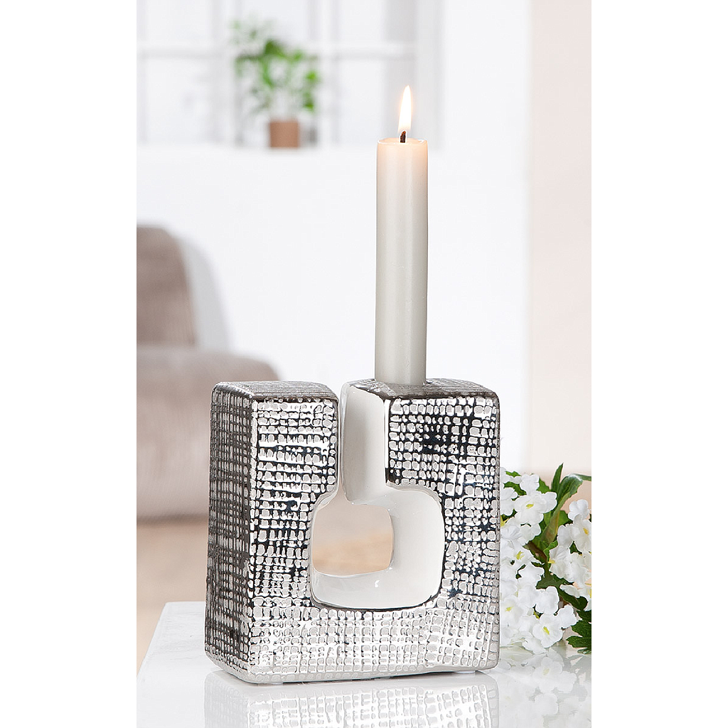 Kerzenleuchter, "Boston", Keramik, silberfarben, weiß, VE 6, L. 6 cm, B. 11,5 cm, H. 12,5 cm