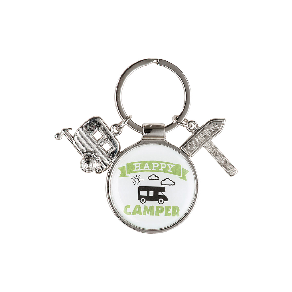 Schlüsselanhänger, "Happy Camper", Schriftzug, Wohnwagenmotiv, Metall, silberfarben, VE 12, H. 7 cm, D. 4 cm