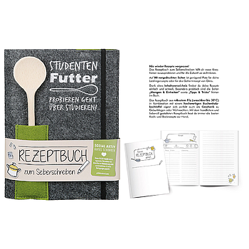"Studentenfutter" -Rezeptbuch zum Selberschreiben mit 80 vorgedruckten Seiten -mit Inhaltsverzeichnis, Mengen & Einheiten, Tipps & Tricks -robustes Filz, bei 30 Grad waschbar -Buchenholzkochlöffel