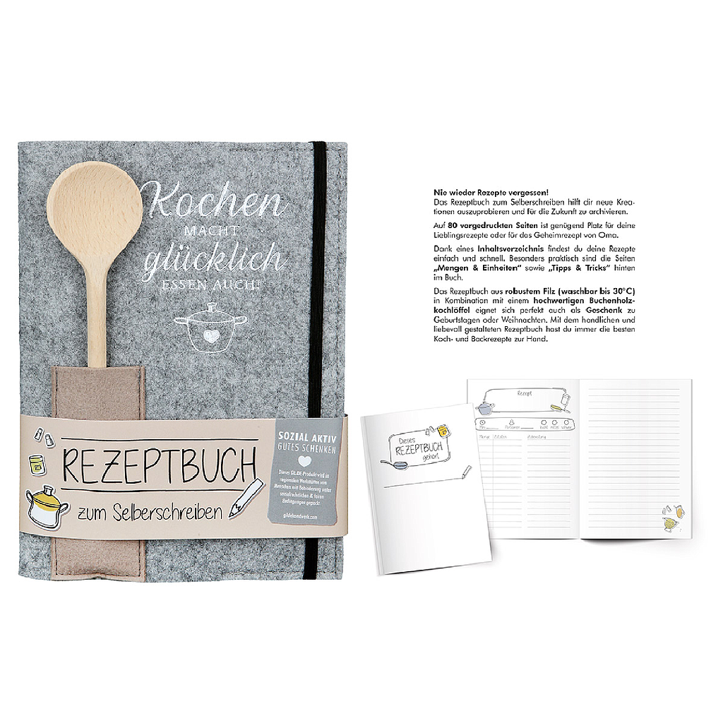 &quot;Kochen macht glücklich - Essen auch&quot; -Rezeptbuch zum Selberschreiben mit 80 vorgedruckten Seiten -mit Inhaltsverzeichnis, Mengen &amp; Einheiten, Tipps &amp; Tricks -robustes Filz, bei 30 Grad waschbar -Buchenholzkochlöffel