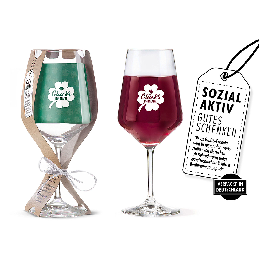 Weinglas, &quot;Glücksmomente&quot;, Kleeblattmotiv, Schriftzug, Glas, klar, H. 22,3 cm, D. 9,2 cm