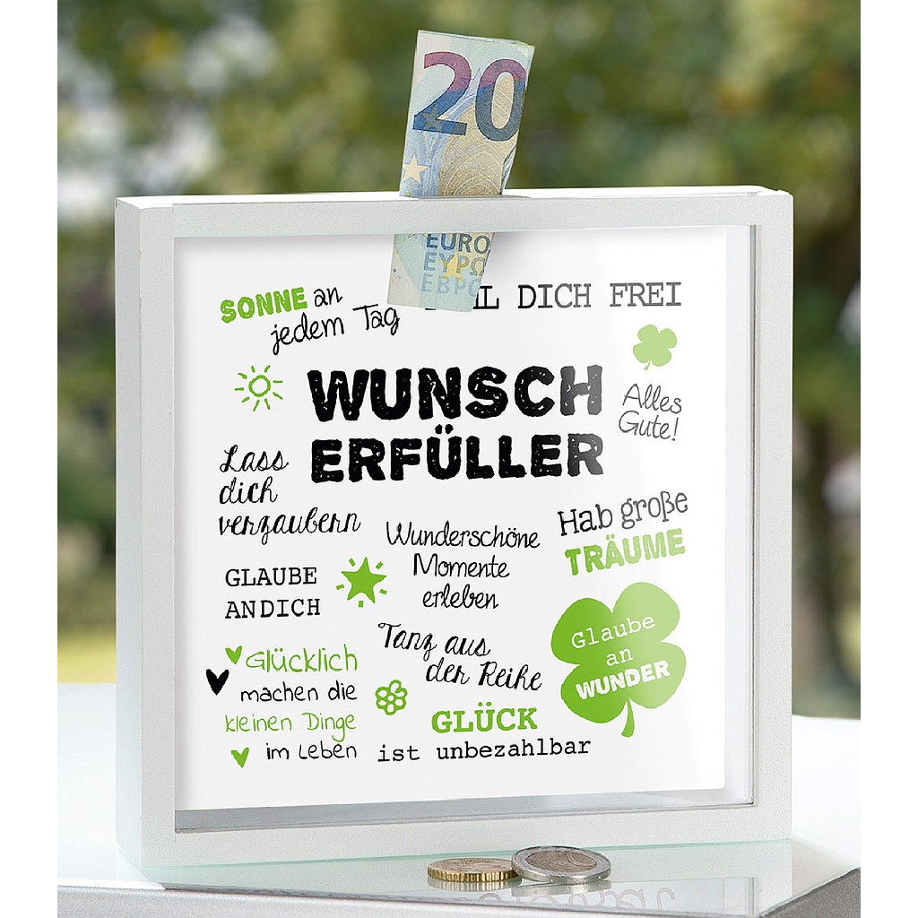 Spardose, quadratisch, &quot;Wunscherfüller&quot;, Spruch, MDF, weiß, L. 4,4 cm, B. 17,2 cm, H. 17 cm