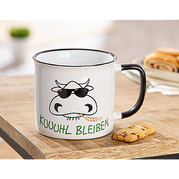 Tasse / Becher, "Landleben", Spruch, Keramik, weiß, VE 6, L. 10 cm, B. 13 cm, H. 9 cm