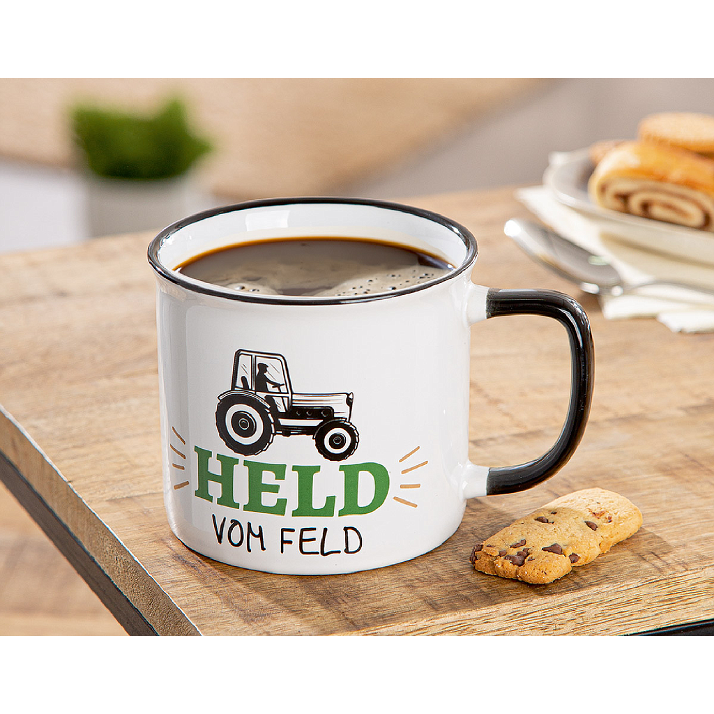 Tasse / Becher, &quot;Landleben&quot;, Traktormotiv, Keramik, weiß, VE 6, L. 10 cm, B. 13 cm, H. 9 cm