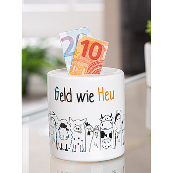 Spardose, zylindrisch, "Landleben", Spruch, Keramik, weiß, VE 8, H. 9 cm, D. 9 cm