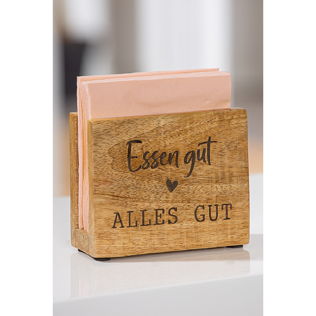 Serviettenhalter, rechteckig, "Essen gut", Spruch, Mangoholz, naturfarben, L. 5,5 cm, B. 13,5 cm, H. 11 cm