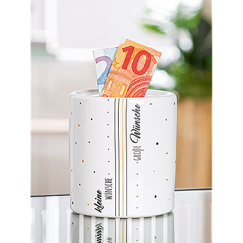 Spardose, zylindrisch, "kleine&große Wünsche", Schriftzug, gepunktet, Keramik, weiß, VE 8, H. 9 cm, D. 9 cm