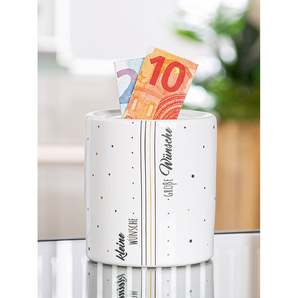Spardose, zylindrisch, &quot;kleine&amp;große Wünsche&quot;, Schriftzug, gepunktet, Keramik, weiß, VE 8, H. 9 cm, D. 9 cm