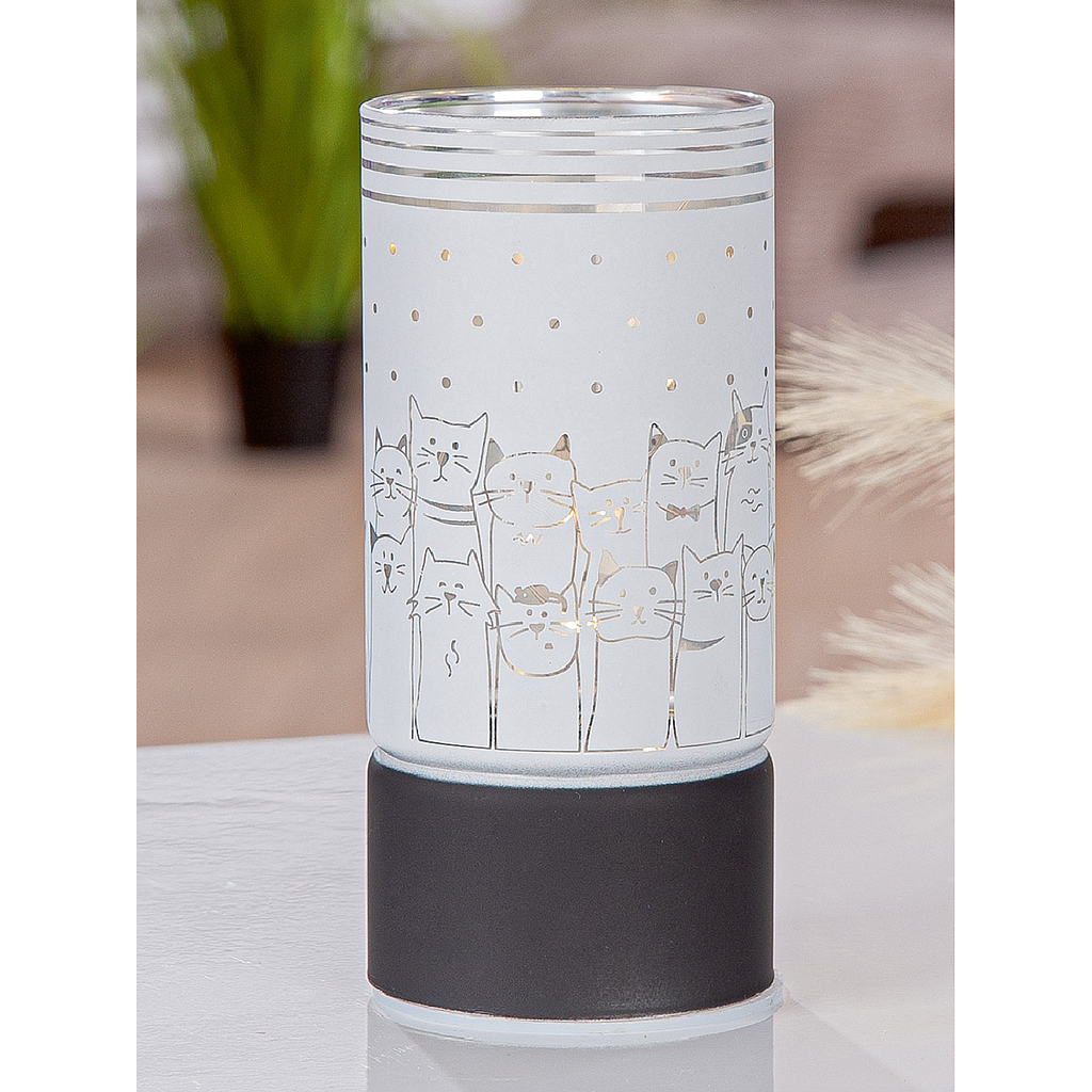Windlicht (LED), "Katzenbande", Tiermotive, Glas, weiß, VE 6, H. 15 cm, D. 7 cm