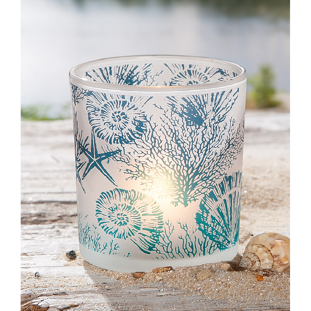 Windlicht, zylindrisch, "Muscheln", Muschelmotiv, Glas, blau, grün, weiß, 8, H. 8 cm, D. 7 cm