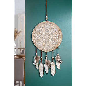 Traumfänger, rund, "Mandala", Mandalamotiv, Traumfängermotiv, Blumenmuster, MDF, naturfarben, B. 20 cm, H. 50 cm