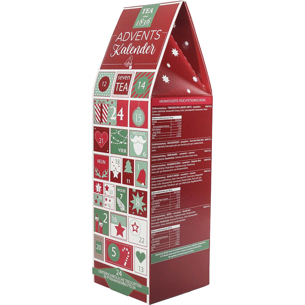 Tee-Adventskalender „Rote Türen“ mit 24 Pyramidenbeuteln einzeln im Sachet verpackt Format 92 x 92 x 305 mm