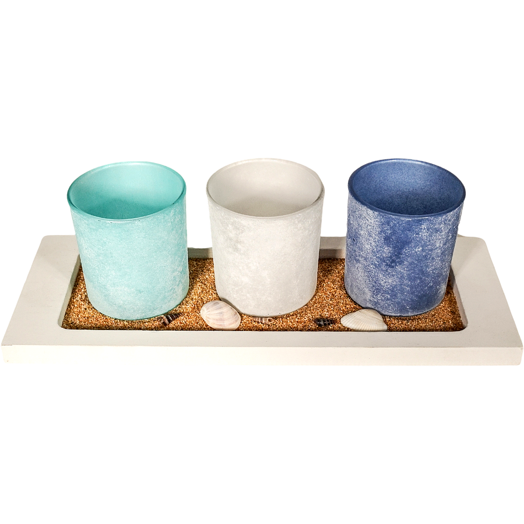 3-er Set Teelichtgläser (H:8 cm/D:6,5 cm) mit Tablett und Deko, ca: 32x12 cm