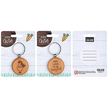 Schlüsselanhänger "Ponyhof" naturfarben, aus Buchenholz, beidseitig gelasert Pony / "Mein Leben ist ein Ponyhof" inkl. Karte mit Spruch