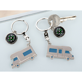 Schlüsselanhänger, Wohnwagen, Kompassmotiv, Metall, silberfarben, 