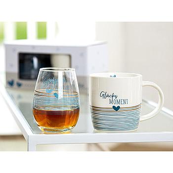 2er Set Glas & Tasse "Glücksmoment" klar/weiß/blau/grau, in Geschenkverpackung Tasse: H 9,3 x D 8,8 x B 12,5 cm / 350 ml Füllmenge,  Glas: H 10,5 x D 8 cm / 300 ml Füllmenge  Glas und Tasse sind spülmaschinengeeignet