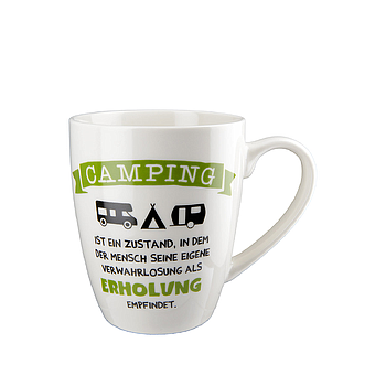 Tasse "Camping" grün/schwarz, aus Knochenporzellan "Camping ist ein Zustand, in dem der Mensch seine eigene Verwahrlosung als Erholung empfindet." Füllmenge: ca. 360 ml