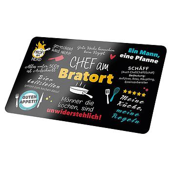 Brettchen, rechteckig, "Chef am Bratort", Spruch, Resopal, schwarz, VE 6, L. 15 cm, B. 24 cm