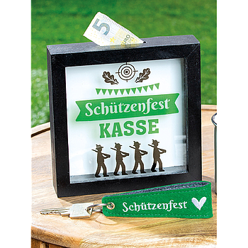 Spardose, quadratisch, "Schützenfest", Schriftzug, Glas, MDF, schwarz, L. 4,4 cm, B. 17,2 cm, H. 17 cm