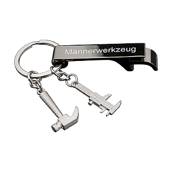 Flaschenöffner, Schlüsselanhänger, "Männerwerkzeug", Schriftzug, Metall, silberfarben, 2, L. 1,3 cm, B. 2 cm, H. 9 cm