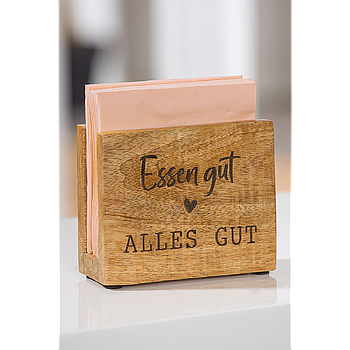 Serviettenhalter, rechteckig, "Essen gut", Spruch, Mangoholz, naturfarben, L. 5,5 cm, B. 13,5 cm, H. 11 cm