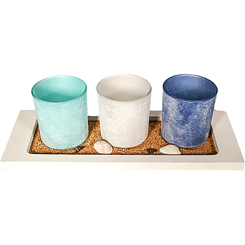 3-er Set Teelichtgläser (H:8 cm/D:6,5 cm) mit Tablett und Deko, ca: 32x12 cm